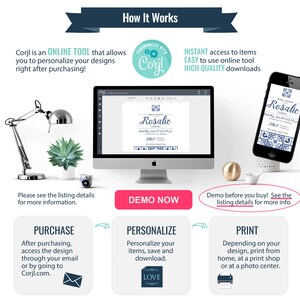 May include: A graphic showing how to use Corjl, an online tool to personalize and print designs. The graphic shows a computer screen with a sample design, a phone with a sample design, and three steps: purchase, personalize, and print.