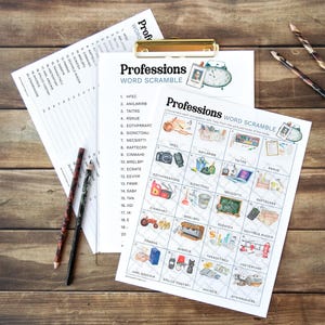 May include: A clipboard holds a "Professions Word Scramble" worksheet with illustrations and scrambled words. Two pencils and a blank worksheet are on a wooden surface. The word scramble features images of tools associated with various professions.