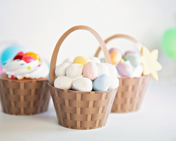 Brown/Natural Basket Cupcake Wrappers - PRINTABLE wrappers and handle toppers. Wicker basket design in beige coloring. Kids, weddings, etc.