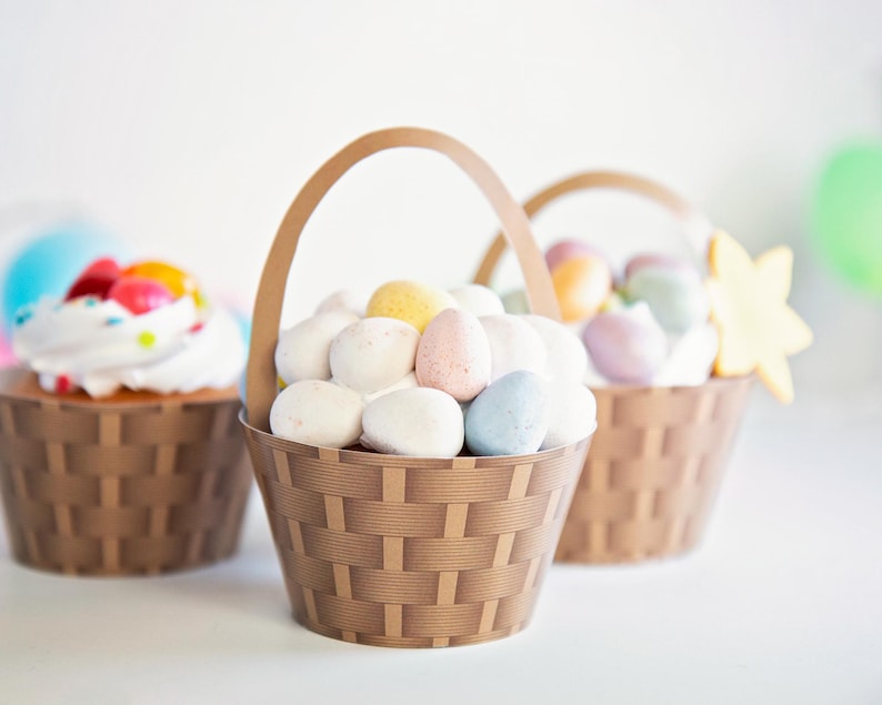 Brown/Natural Basket Cupcake Wrappers - PRINTABLE wrappers and handle toppers. Wicker basket design in beige coloring. Kids, weddings, etc. image 1