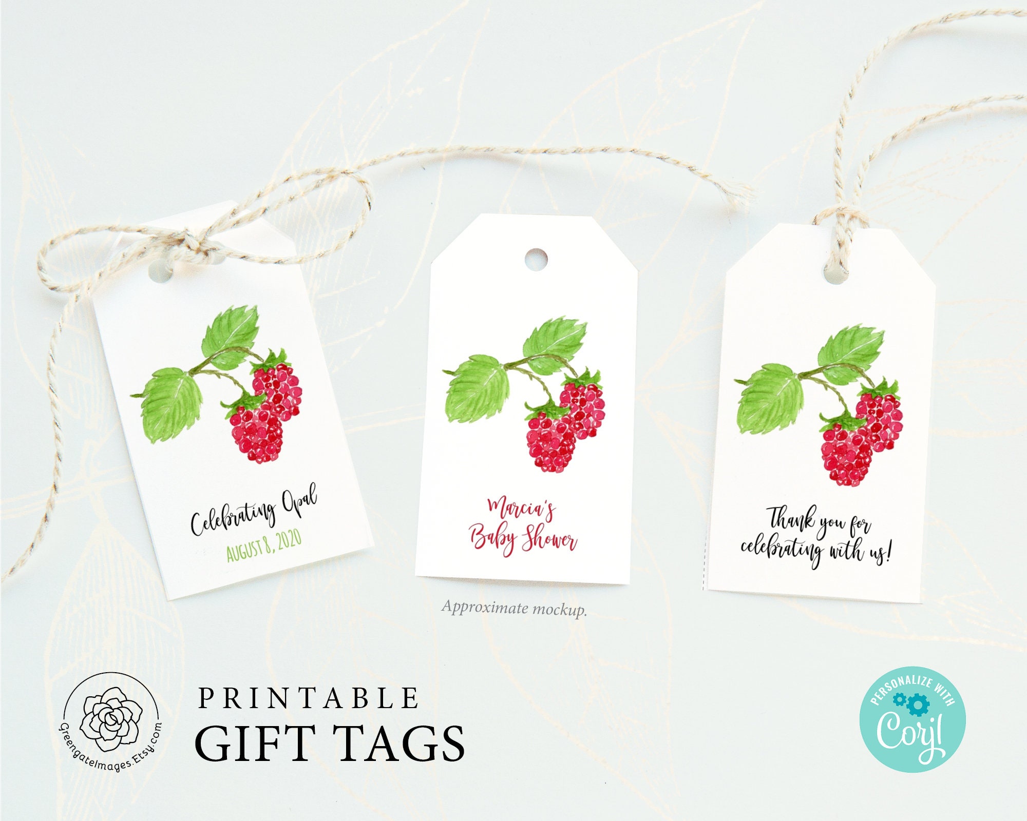 Raspberry Name Tag Raspberry Gift Tags - Printable Gift Tag, Editable Corjl, Favor Bag Tag ...