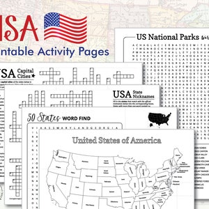 USA Activity Printables Pack - geografie-activiteiten voor kinderen, homeschool, roadtripspel, educatieve kruiswoordpuzzel, woord zoeken, kleuren