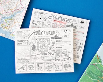 Arkansas Activity Page - AR state facts, word search, maze, unscramble 8.5x11" coloring placemat. Instant printable download PDF kids game.