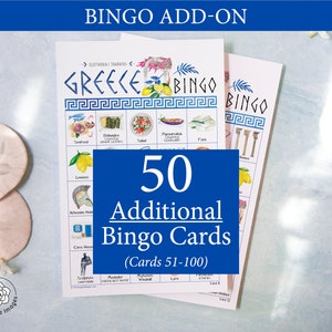 ADICIONAL: 50 cartelas adicionais de Bingo da Grécia (numeradas de 51 a 100) para acompanhar o jogo original, vendidas separadamente
