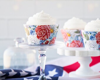 Red White Blue Floral Cupcake Wrappers - PRINTABLE instant download. 4th of July party, patriotic, Memorial Day favor. Carnations, daisies.