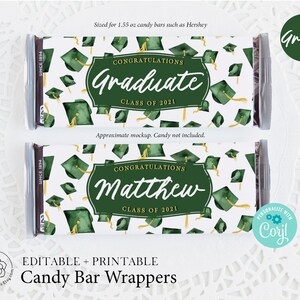 Green Graduation Candy Bar Wrappers - Custom chocolate wrap editable Corjl personalized candy label, congratulations graduate, add grad name