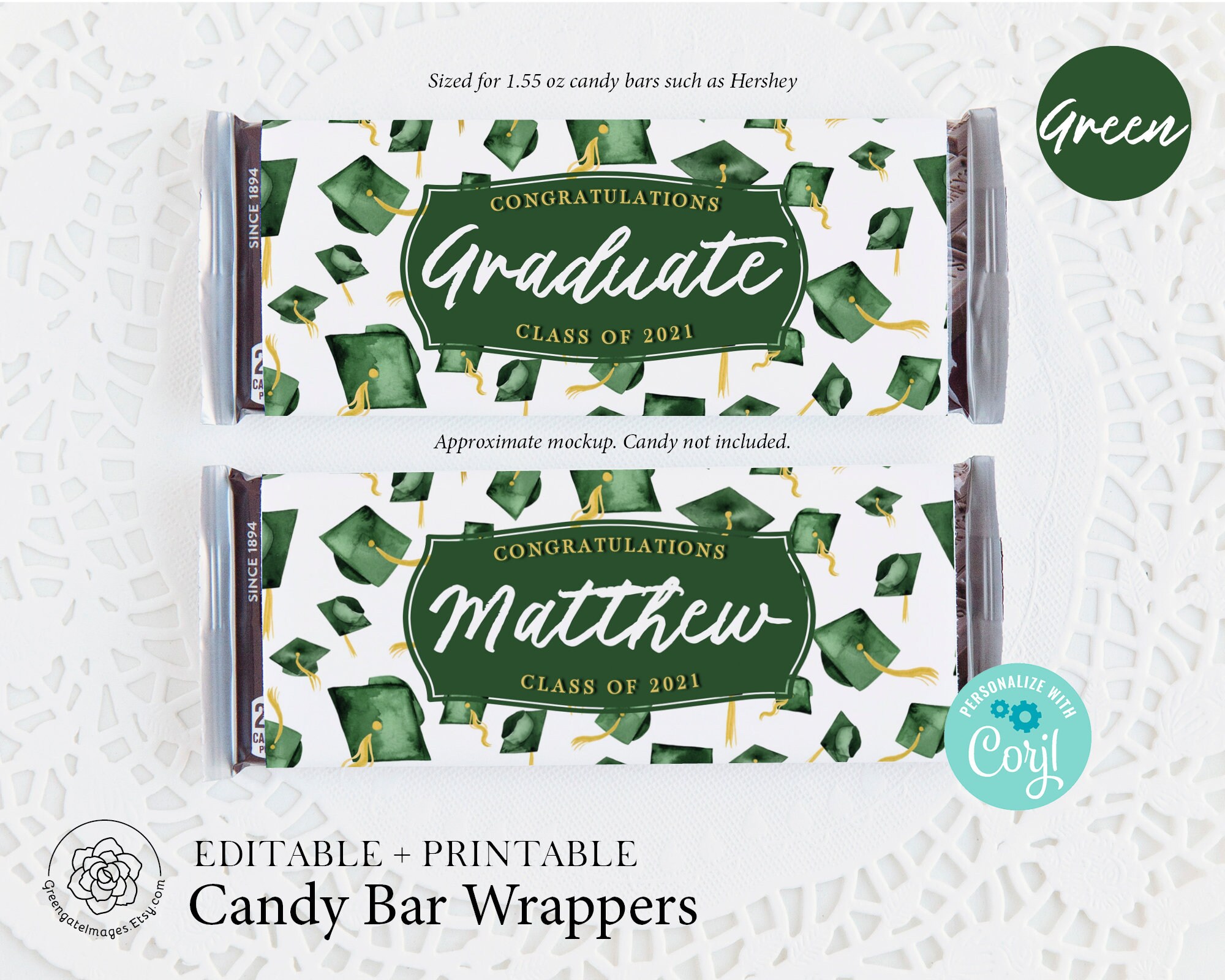 Green Graduation Candy Bar Wrappers - Custom chocolate wrap editable Corjl personalized candy label, congratulations graduate, add grad name
