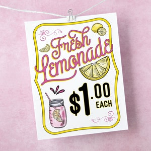Letrero de limonada fresca en color ROSA: plantilla de letrero de 8,5 x 11" de Corjl para imprimir. Letrero de venta en rosa y amarillo con precio. Cambie/personalice/edite el monto del precio.