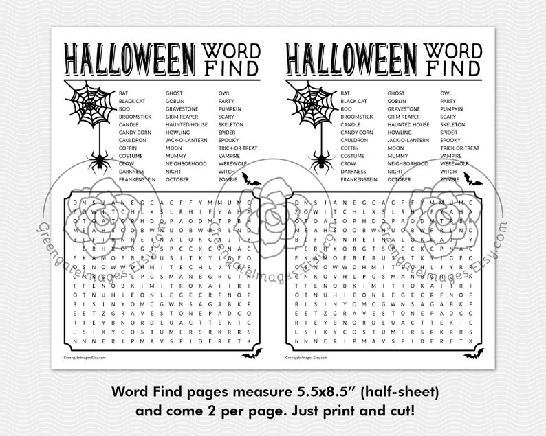 May include: Black and white printable Halloween word search puzzle with a spider web and spider graphic. The puzzle features 26 Halloween-themed words. The words are listed in two columns on the left and right sides of the puzzle. The puzzle measures 5.5 inches by 8.5 inches.