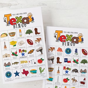 Cartões de Bingo do Texas - 50 cartões exclusivos IMPRIMÍVEIS que você baixa instantaneamente. Atividade divertida do estado do Texas para crianças e idosos. Jogo educacional para educação domiciliar.