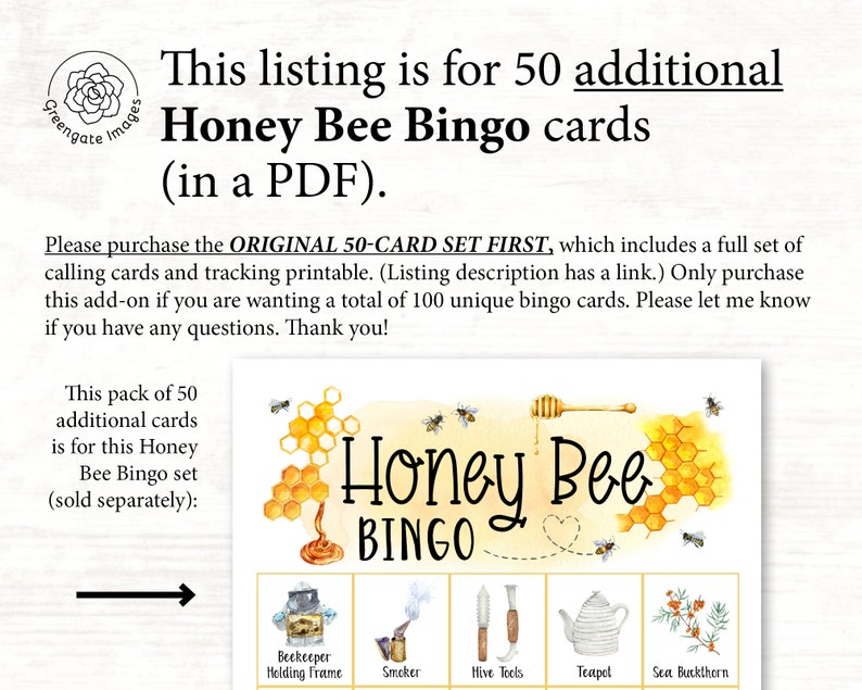 ADD-ON: 50 additional Honey Bee Bingo cards numbered 51-100 to go with the original game that is sold separately image 2