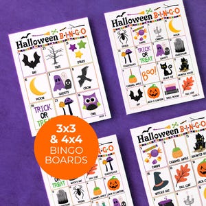 Halloween Bingo - 3x3 & 4x4 große Druckbretter für kleine Kinder, Gedächtnispflege, ältere Menschen und Entwicklungsschwierigkeiten. Schnellere, einfachere Spiele.