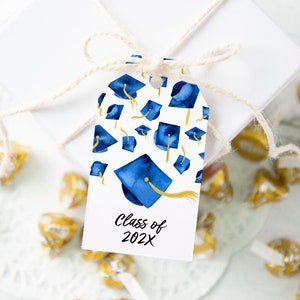 Royal Blue Graduation Cap Gift Tags - PRINTABLE, editable Corjl, favor bag hang tag, graduation caps, congrats grad, custom text, grad ideas