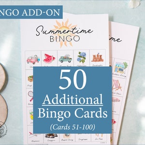AJOUT : 50 cartes de bingo Summertime supplémentaires (numérotées de 51 à 100) pour aller avec le jeu original, vendues séparément