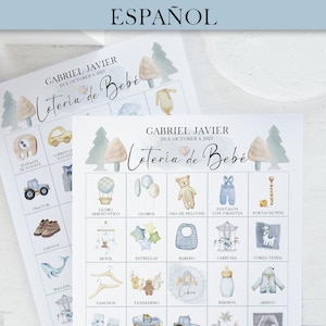 BOY - Lotería de Bebé: 100 kaarten, AFDRUKBARE bingo-pdf, gepersonaliseerd babyshowerbingospel in het Spaans. Kleurenfoto's, blauwgroene babyjongens.
