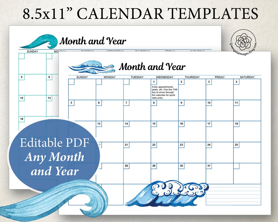 Editable Calendar Templates: Blank Calendar Pages, Watercolor Ocean ...