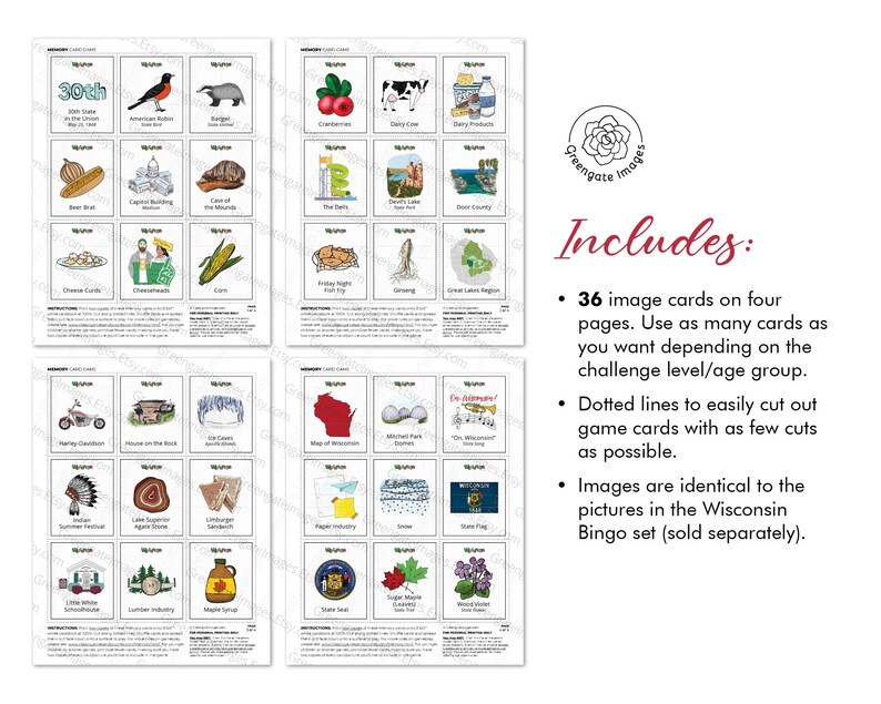 Wisconsin Memory Game - PRINTABLE Downloadable Activity PDF. Matching ...