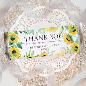 Sunflower Candy Bar Wrappers - PRINTABLE Custom candy wrap, editable in Corjl personalized candy label, wedding favor bridal shower favors