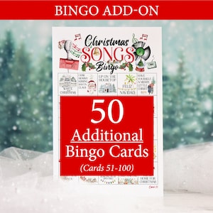 ADICIONAL: 50 cartões adicionais de Bingo de Canções de Natal (numerados de 51 a 100) para acompanhar o jogo original, vendido separadamente