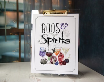 Enseigne pour boisson Halloween - Imprimable 8,5 x 11 po. et 20 x 10 po. Enseigne Boos & Spirits pour bar, cocktails et table de service d'alcool. Décoration de fête pour adultes.