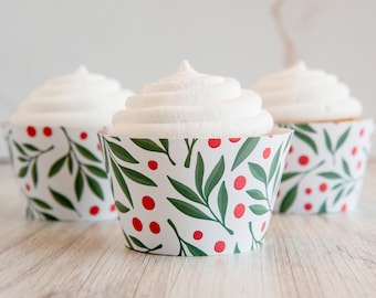 Christmas Berries and Leaves Cupcake Wrappers - PRINTABLE instant download paper cupcake wrappers you print yourself. Simple greenery.