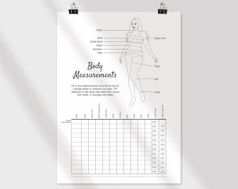 Body Measurement Tracker - Afdrukbare, bewerkbare PDF. Twee versies: één met automatische berekeningen, één met blanco vakjes.