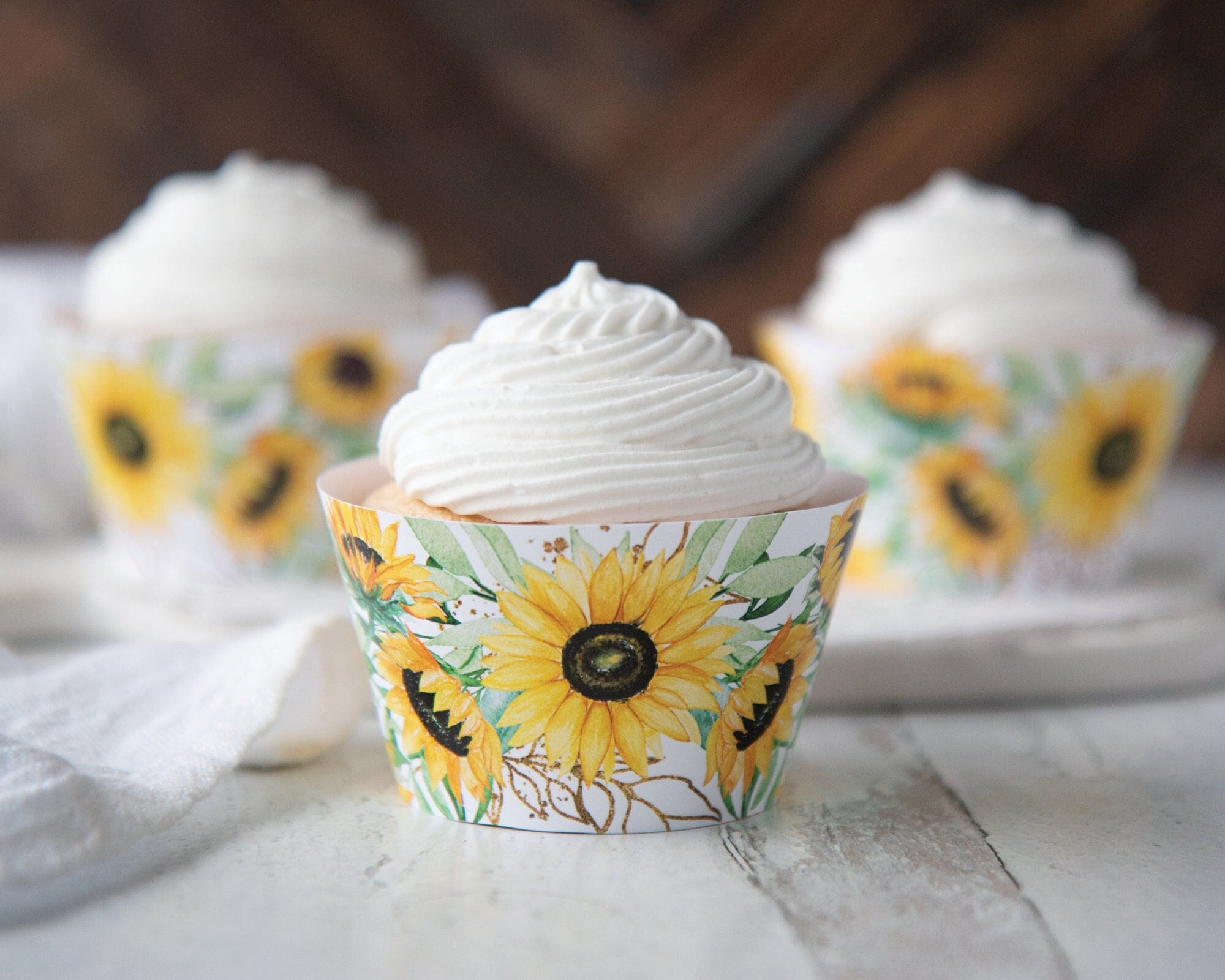 Sunflower Cupcake Wrappers PRINTABLE floral cupcake wraps pdf cheerful sunflowers bridal shower ideas wedding cupcakes