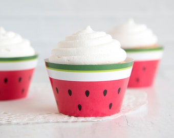 Watermelon Cupcake Wrappers - Twotti Frutti party, printable fruit decorations, fruit party ideas, printable cupcake wrap, watermelon red