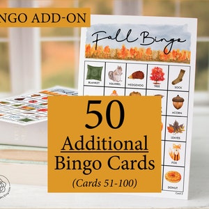 ADICIONAL: 50 cartelas de bingo de outono adicionais (numeradas de 51 a 100) para acompanhar o jogo original, vendido separadamente