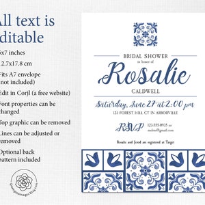 Talavera Party Invitation - CORJL template, 5x7 invite, bridal shower ideas, azulejos spanish, Mediterranean, blue and white tile, italian image 3