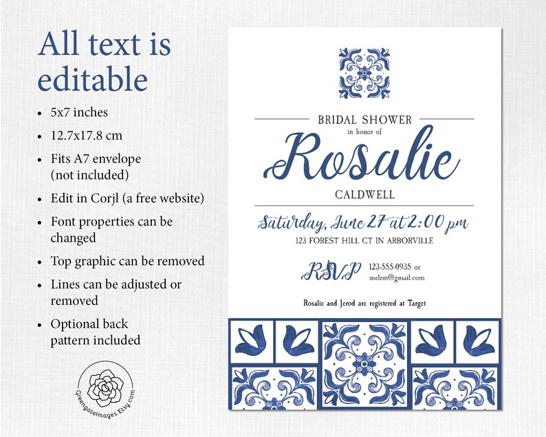 Talavera Party Invitation - CORJL template, 5x7 invite, bridal shower ideas, azulejos spanish, Mediterranean, blue and white tile, italian image 3