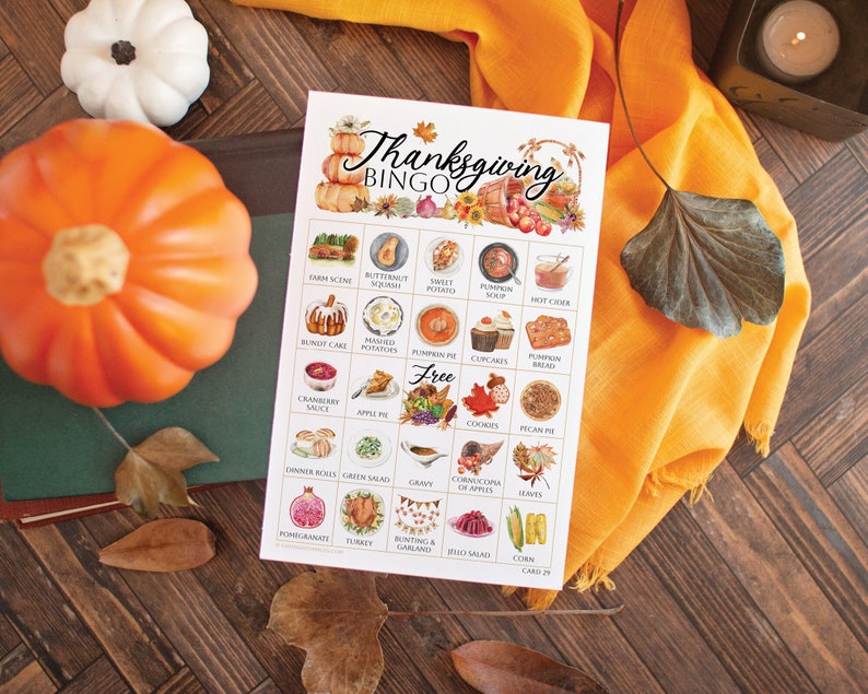 Thanksgiving Bingo Cards 50 PRINTABLE unique cards in PDF, senior citizen activity, kids game all ages, large print text w/ color pictures 画像 1