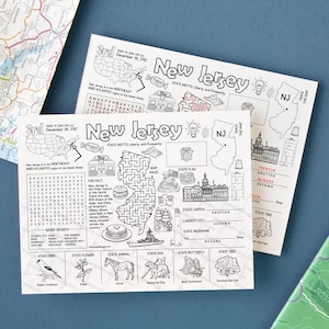 Printbare activiteitenpagina over New Jersey - Direct te downloaden PDF-spel voor kinderen. Feiten over de staat New Jersey, woordzoeker, doolhof, woordpuzzel. Kleurplaat van 21,5 x 28 cm.
