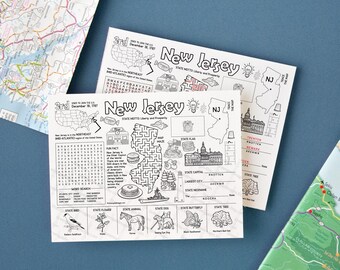 PRINTABLE New Jersey Activity Page - Instant download PDF kids game. NJ state facts, word search, maze, unscramble 8.5x11" coloring placemat