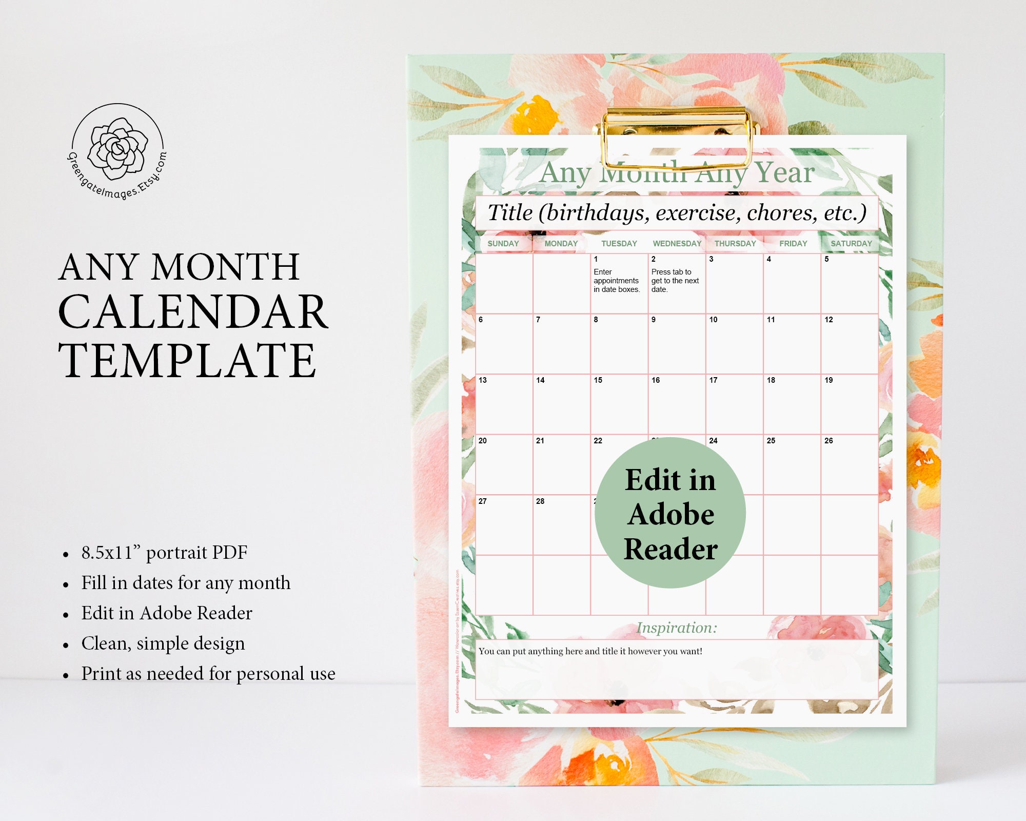 Calendar Template: Editable Calendar Page, Basic, Any Month Year, Fillable,  Printable, Monthly Planner, Meal Calendar Ideas for Organization - Etsy