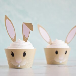 May include: Two white cupcakes with brown bunny ears and faces. The cupcakes are decorated with white frosting and have brown bunny ears and faces.