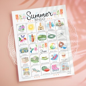 May include: A Summer Bingo game card featuring watercolour illustrations of seasonal items like ice lollies, a sun, sandcastle, garden gnome, butterflies, sunblock, pond, garden hose, dragonfly, fishing, hummingbird, beach ball, baseball, and more.