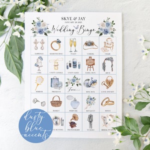 Bingo de boda azul polvoriento: descarga de 100 tarjetas de bingo en formato PDF para IMPRIMIR, juego de bingo personalizado para despedida de soltera en pareja, idea para recepción de despedida de soltera