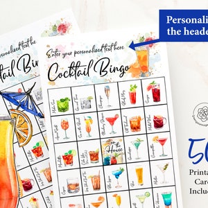 May include: A printable cocktail bingo card with a watercolor design. The card has a colorful cocktail drink in the top left corner and a list of cocktails in each square. The text "Enter your personalized text here" is at the top of the card. The text "Cocktail Bingo" is in the center of the card. The text "Personalize the header!" is in the top right corner of the card. The text "50 Printable Cards Included" is in the bottom right corner of the card.