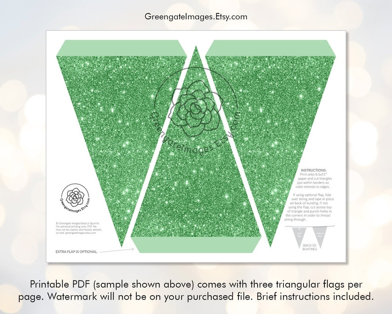 bridal shower ideas spring clover fern faux glittery Printable Banner baby shower bridal party decor Medium Green Glitter Bunting