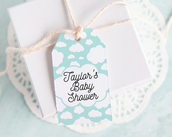 Aqua Cloud Gift Tags - PRINTABLE download, edit tempalte in Corjl. Baby shower favor ideas. Kid birthday. Custom personalized favor bag tag.