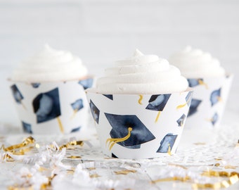 Envoltura de cupcakes de graduación azul marino - PDF IMPRIMIBLE para cupcakes/muffins, birrete, gorras azul marino con borlas doradas, ideas de decoración