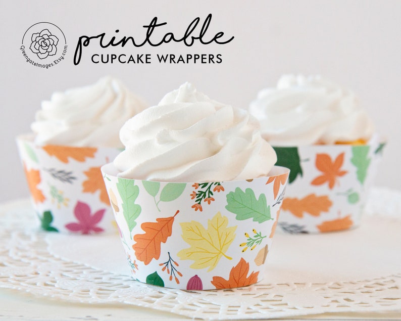 Fall Cupcake Wrappers printable cupcake wrappers, autumn cupcakes, fall bridal shower, fall leaves on white background, fall decorations image 5