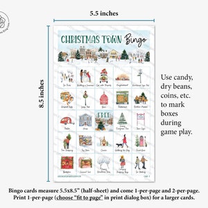 May include: A printable Christmas Town Bingo card with a blue background and illustrations of winter scenes. The card is 5.5 inches by 8.5 inches and includes instructions to use candy, dry beans, coins, or other small objects to mark the boxes during game play.