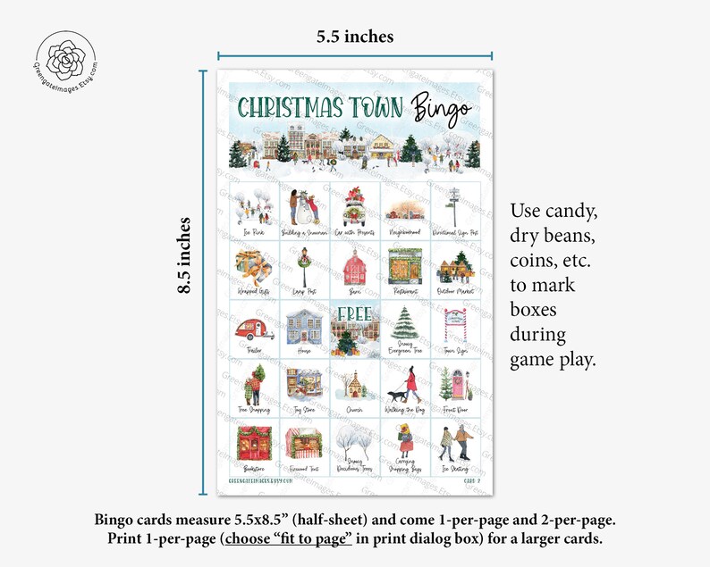 May include: A printable Christmas Town Bingo card with a blue background and illustrations of winter scenes. The card is 5.5 inches by 8.5 inches and includes instructions to use candy, dry beans, coins, or other small objects to mark the boxes during game play.
