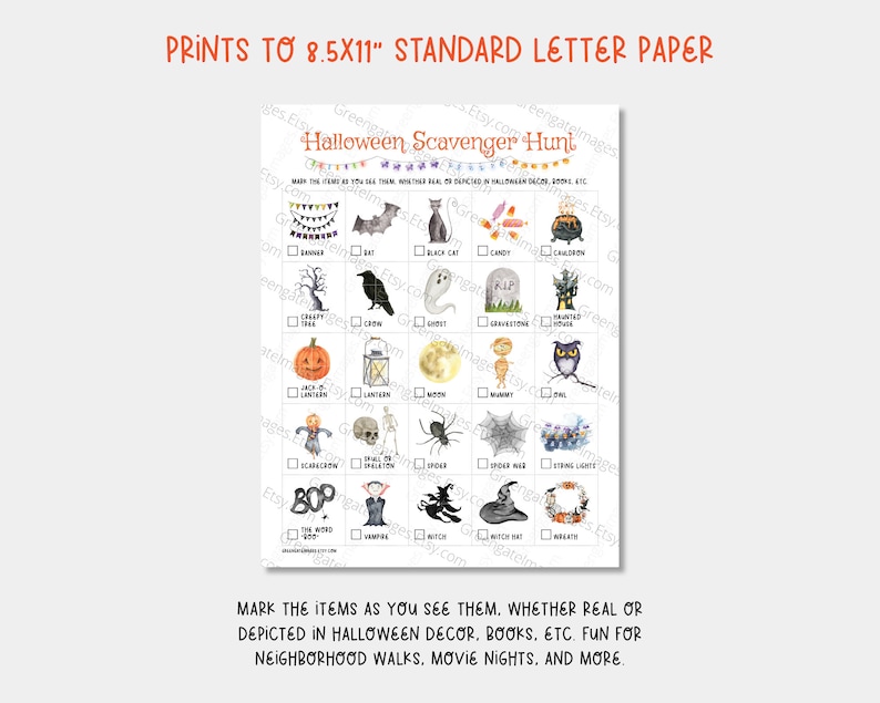 May include: Printable Halloween scavenger hunt checklist with a white background and colorful illustrations of Halloween items. The checklist includes items such as a banner, bat, black cat, candy, cauldron, creepy tree, crow, ghost, gravestone, haunted house, jack-o-lantern, lantern, moon, mummy, owl, spider, spider web, string lights, the boo word, vampire, witch, witch hat, wreath, and more.