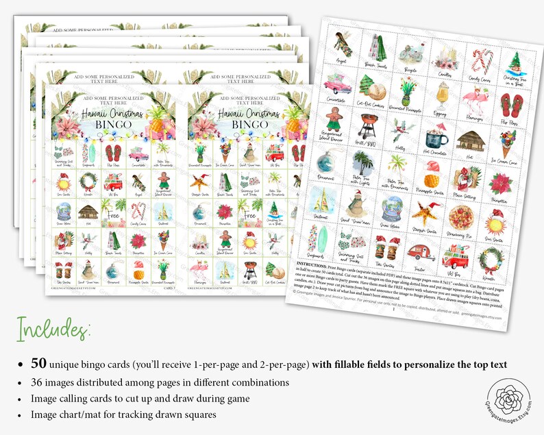 Pu&ograve; includere: Set di 50 schede bingo uniche con un tema natalizio hawaiano. Le schede presentano una variet&agrave; di immagini, tra cui un ananas, una tavola da surf, Babbo Natale e un pupazzo di neve. Le schede sono progettate per essere personalizzate con testo nella parte superiore.