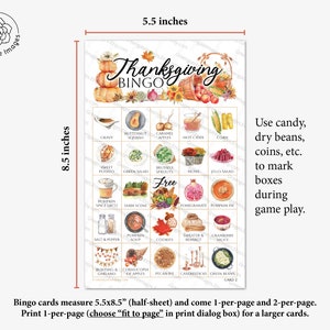 Thanksgiving Bingo Cards 50 PRINTABLE unique cards in PDF, senior citizen activity, kids game all ages, large print text w/ color pictures 画像 4