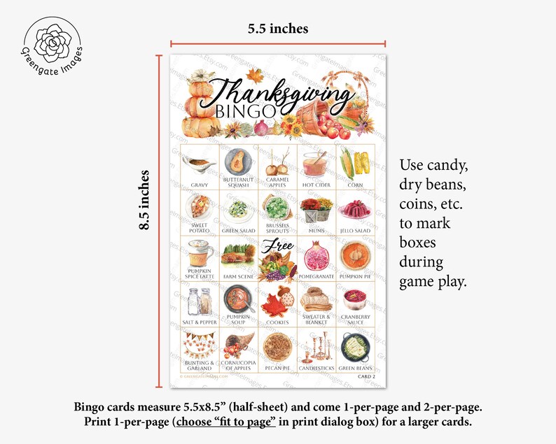 Thanksgiving Bingo Cards 50 PRINTABLE unique cards in PDF, senior citizen activity, kids game all ages, large print text w/ color pictures 画像 4
