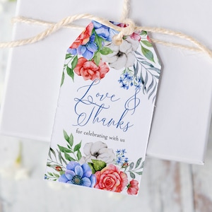 赤、白、青の花柄ギフトタグ - 印刷可能 & Corjl 編集可能 / 水彩花 / ハングタグ / 結婚式、ブライダル、7 月 4 日の記念品バッグタグ